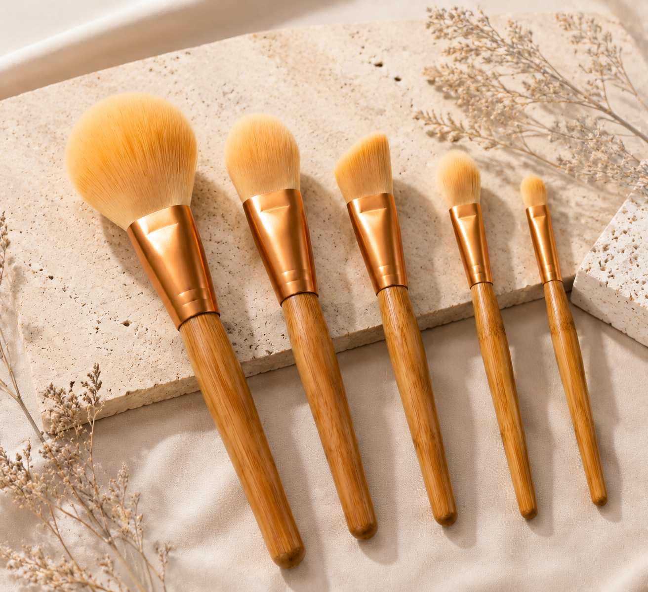 Luxury Bamboo Makeup Brush Set – 5PCS Foundation, Powder, Contour, Highlight & Eyeshadow Brushes | Soft Vegan Face Brush Kit