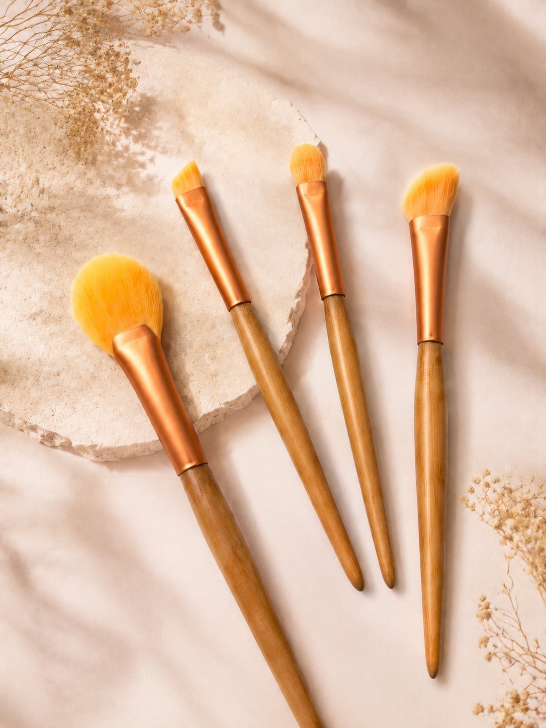 Luxury 4-Piece Bamboo Makeup Brush Set | Highlighter Brush, Angled Brow Brush, Eyeshadow Brush & Contour Brush