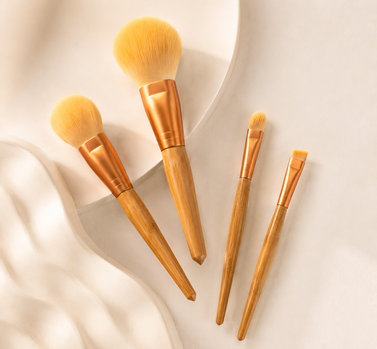 4-Piece Bamboo Makeup Brush Set – Contour, Blush, Eyeshadow & Angled Brow Brushes | Soft Vegan Synthetic Bristles