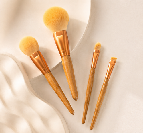 4-Piece Bamboo Makeup Brush Set – Contour, Blush, Eyeshadow & Angled Brow Brushes | Soft Vegan Synthetic Bristles