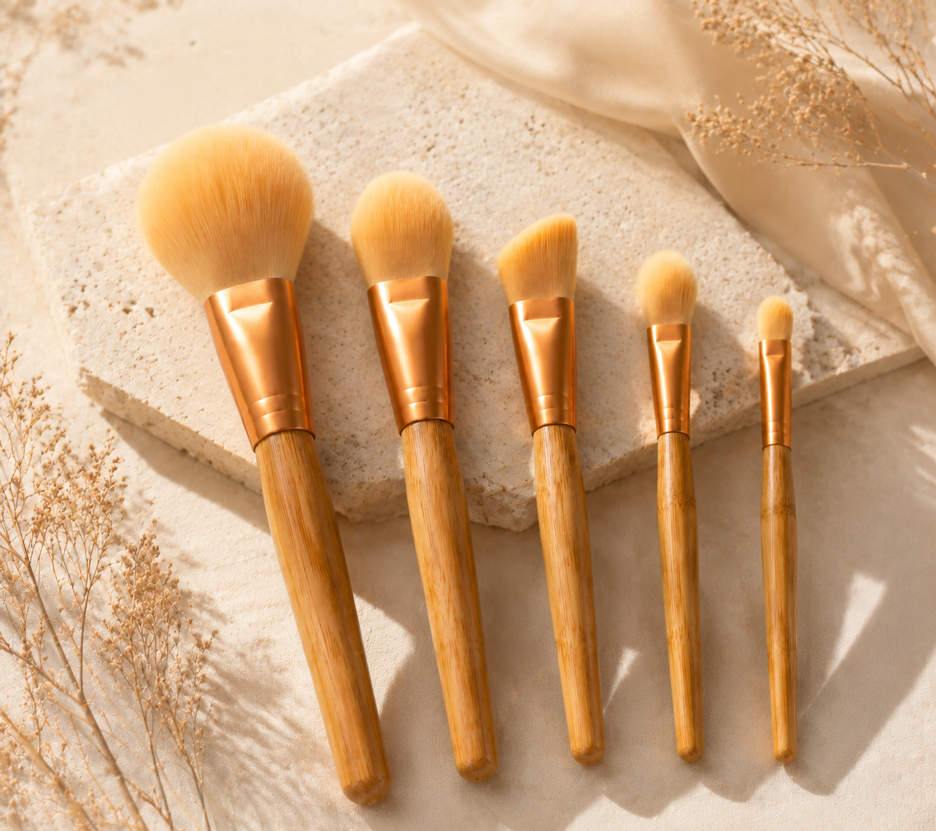 Luxury Bamboo Makeup Brush Set – 5PCS Foundation, Powder, Contour, Highlight & Eyeshadow Brushes | Soft Vegan Face Brush Kit