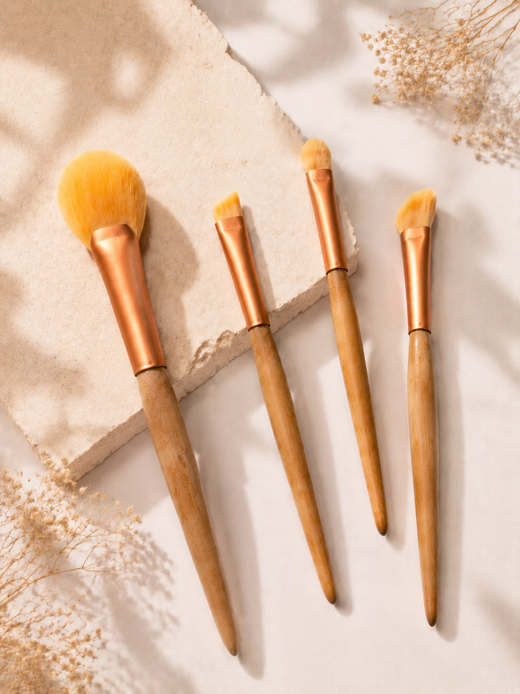 Luxury 4-Piece Bamboo Makeup Brush Set | Highlighter Brush, Angled Brow Brush, Eyeshadow Brush & Contour Brush