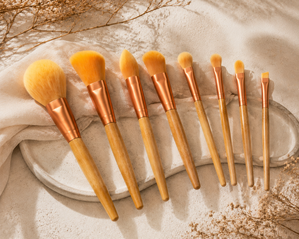 8-Piece Bamboo Makeup Brush Set – Professional Vegan Face & Eye Brushes for Foundation, Powder, Blush, Contour & Eyeshadow