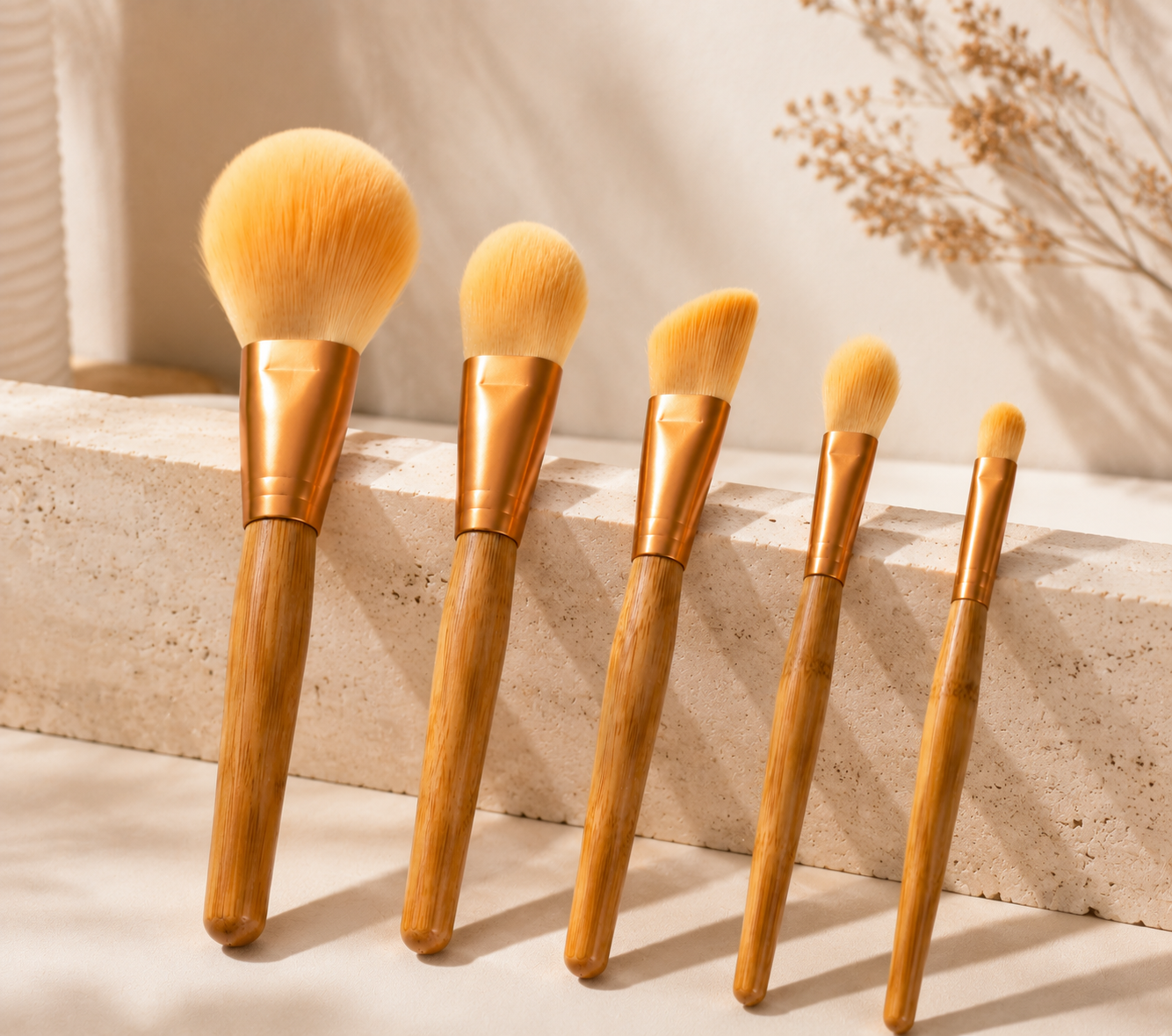 Luxury Bamboo Makeup Brush Set – 5PCS Foundation, Powder, Contour, Highlight & Eyeshadow Brushes | Soft Vegan Face Brush Kit