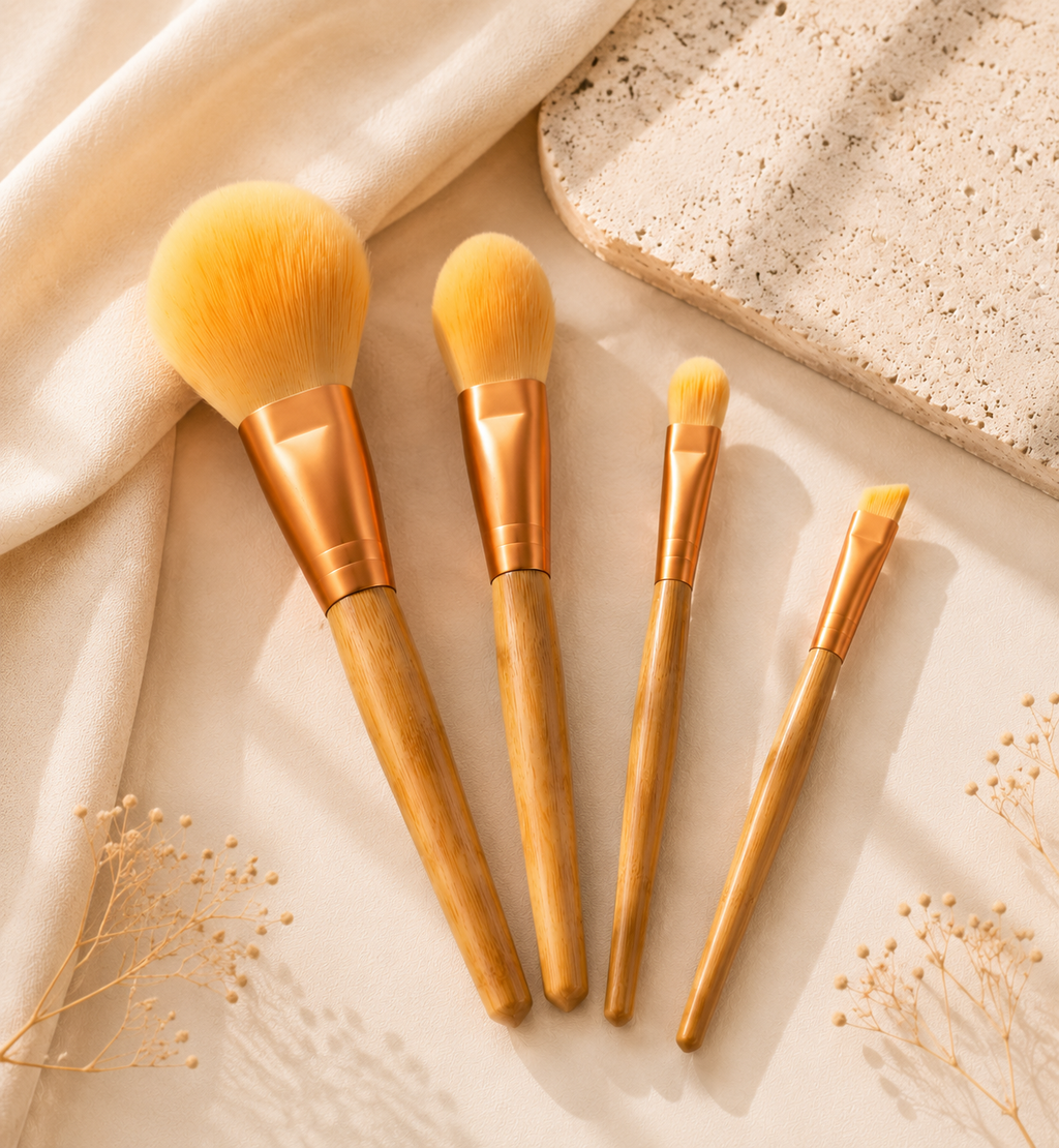 4-Piece Bamboo Makeup Brush Set – Contour, Blush, Eyeshadow & Angled Brow Brushes | Soft Vegan Synthetic Bristles