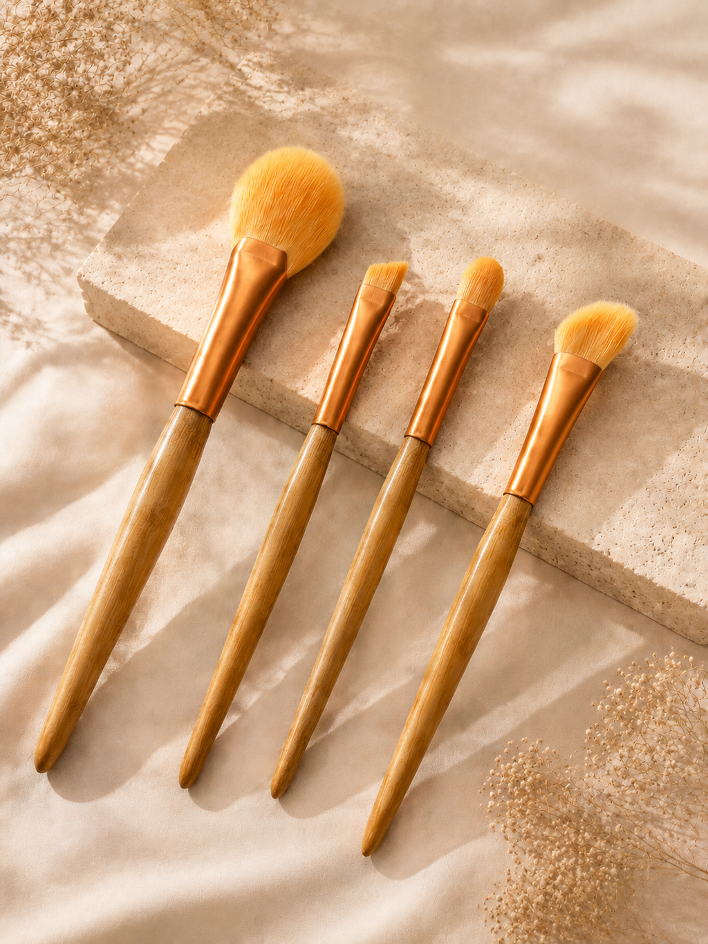Luxury 4-Piece Bamboo Makeup Brush Set | Highlighter Brush, Angled Brow Brush, Eyeshadow Brush & Contour Brush