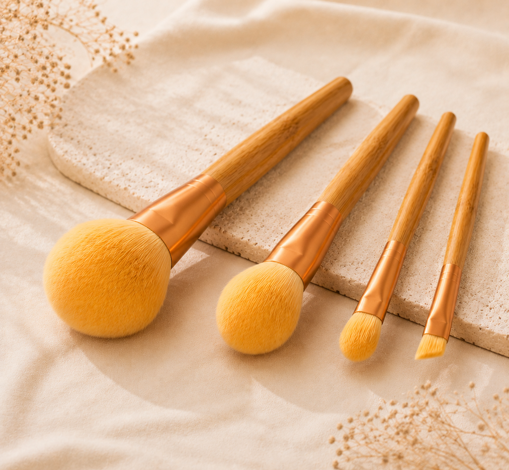 4-Piece Bamboo Makeup Brush Set – Contour, Blush, Eyeshadow & Angled Brow Brushes | Soft Vegan Synthetic Bristles