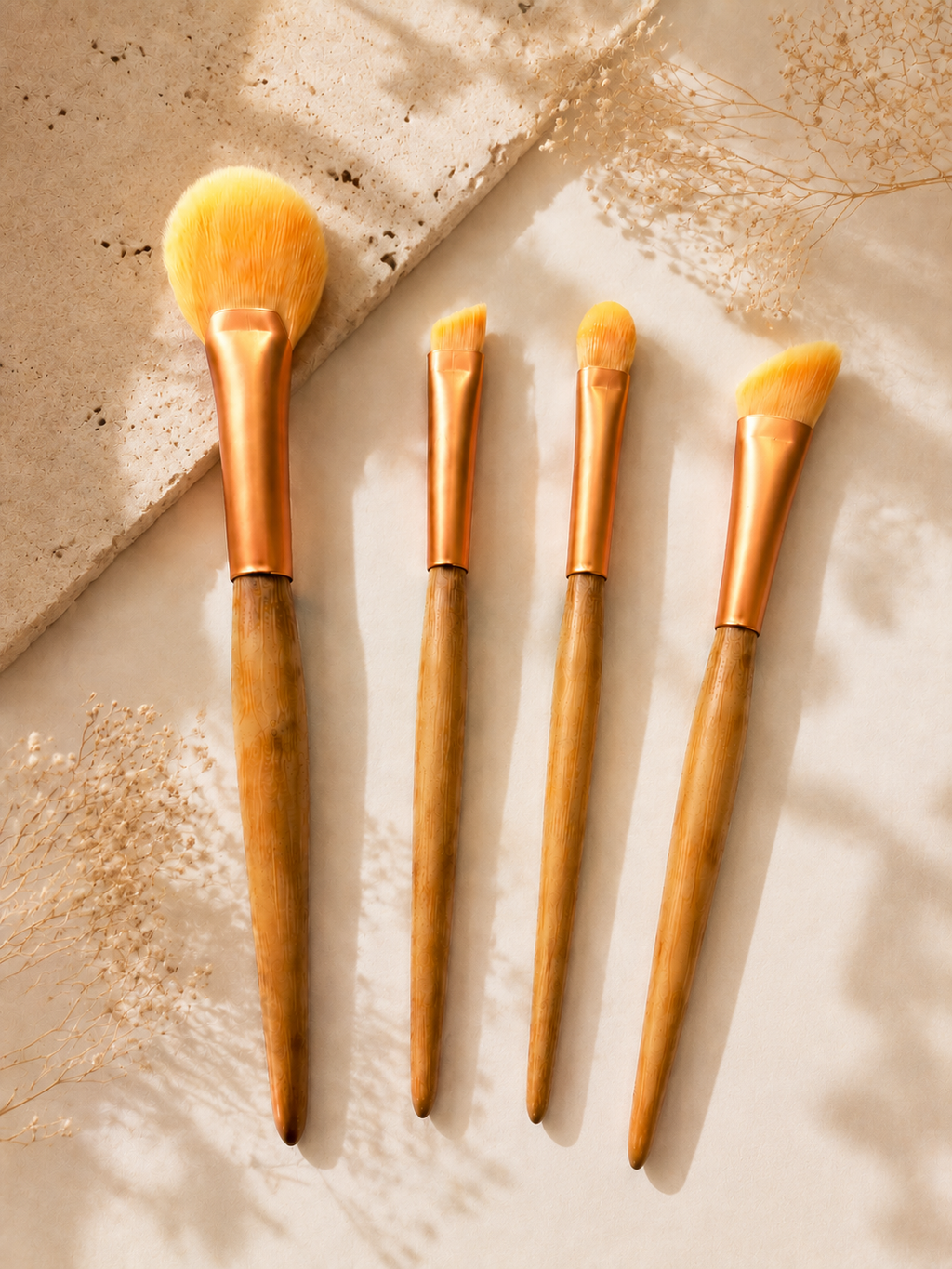 Luxury 4-Piece Bamboo Makeup Brush Set | Highlighter Brush, Angled Brow Brush, Eyeshadow Brush & Contour Brush