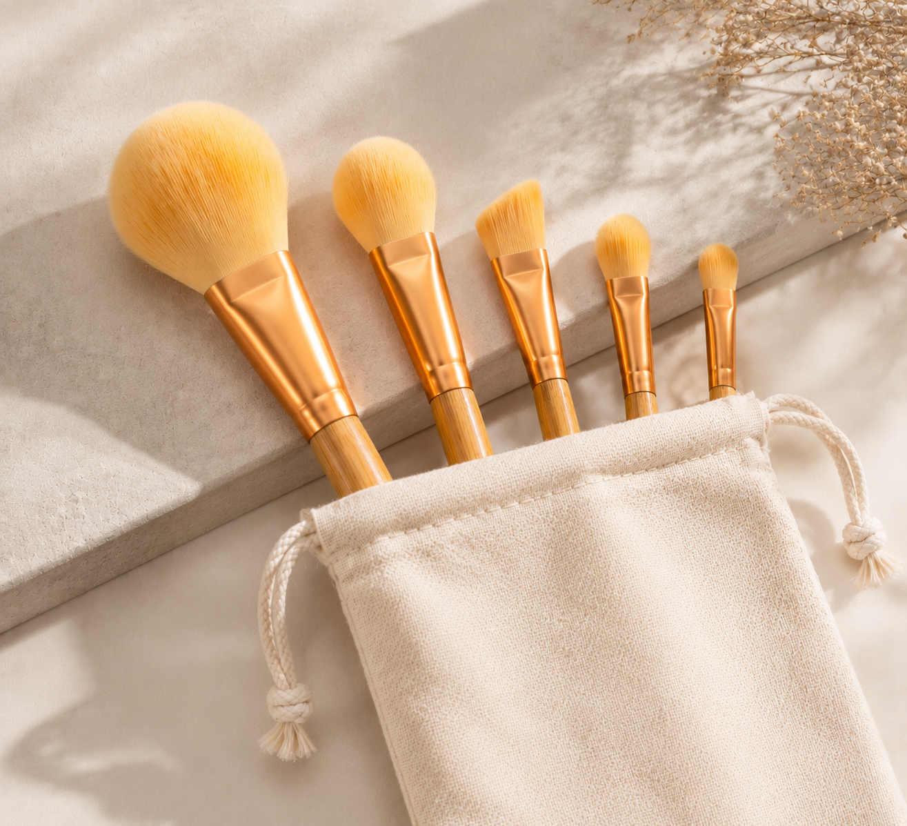 Luxury Bamboo Makeup Brush Set – 5PCS Foundation, Powder, Contour, Highlight & Eyeshadow Brushes | Soft Vegan Face Brush Kit