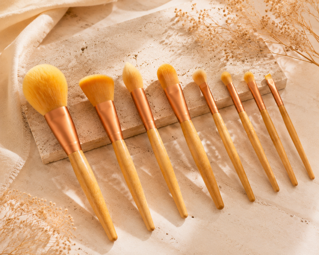 8-Piece Bamboo Makeup Brush Set – Professional Vegan Face & Eye Brushes for Foundation, Powder, Blush, Contour & Eyeshadow