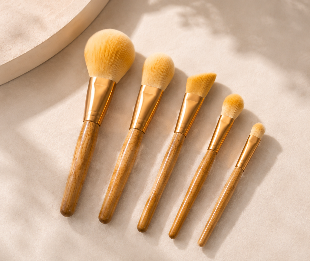 Luxury Bamboo Makeup Brush Set – 5PCS Foundation, Powder, Contour, Highlight & Eyeshadow Brushes | Soft Vegan Face Brush Kit