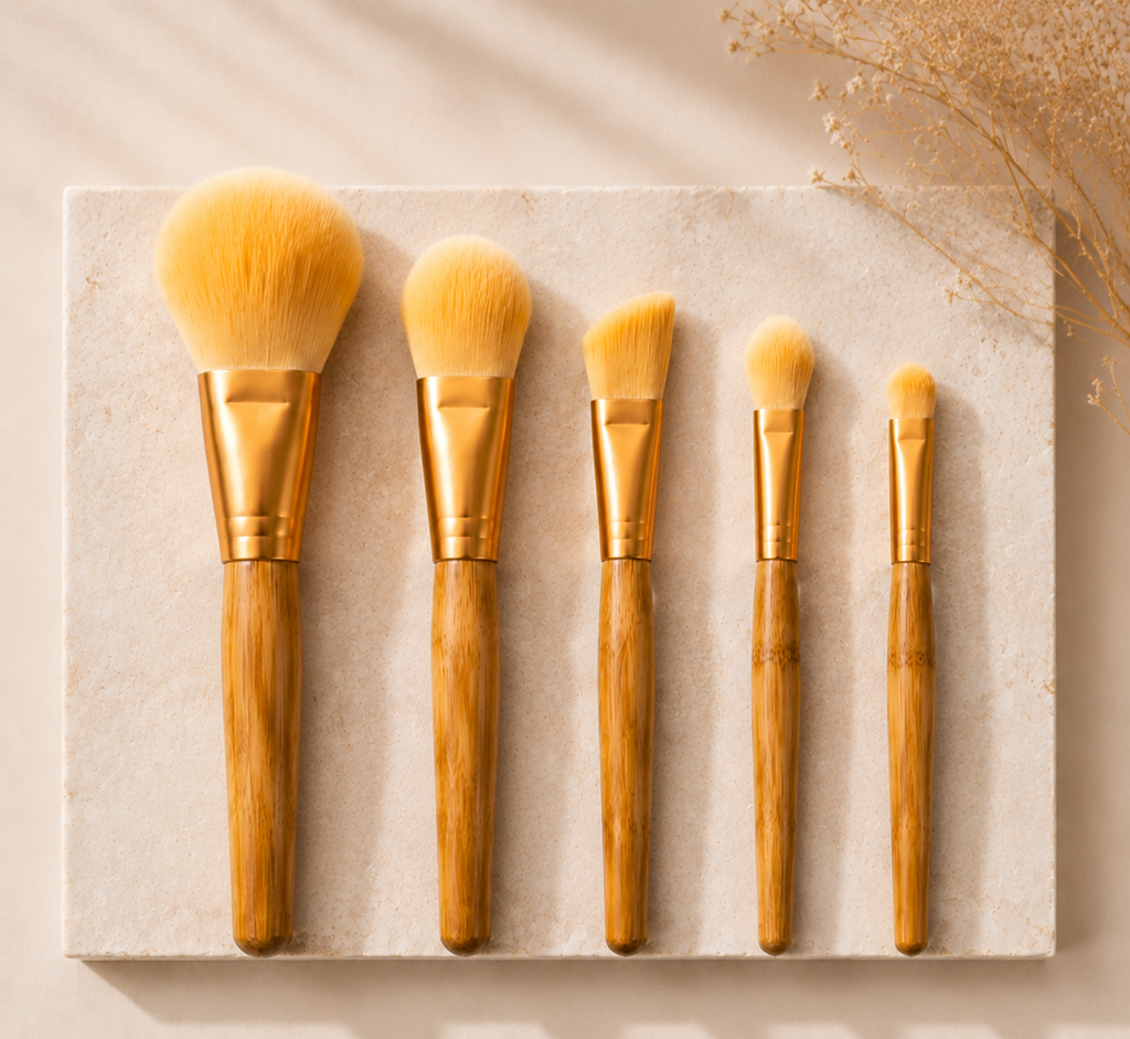 Luxury Bamboo Makeup Brush Set – 5PCS Foundation, Powder, Contour, Highlight & Eyeshadow Brushes | Soft Vegan Face Brush Kit
